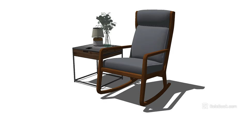 Single Rocking Armchair with Wooden Frame Gray Cushion and Side Table Table Lamp Green Plant 3d model 