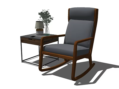 Single Rocking Armchair with Wooden Frame Gray Cushion and Side Table Table Lamp Green Plant 3d model