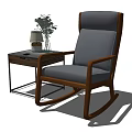 Single Rocking Armchair with Wooden Frame Gray Cushion and Side Table Table Lamp Green Plant