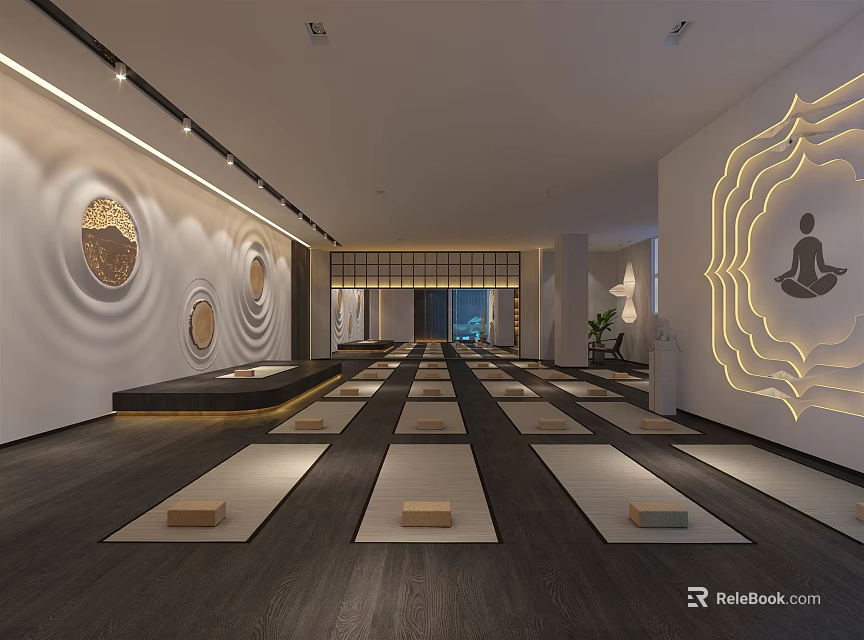 Spacious Yoga Fitness Studio With Aligned Mats And Wall Pose Designs 3d model 