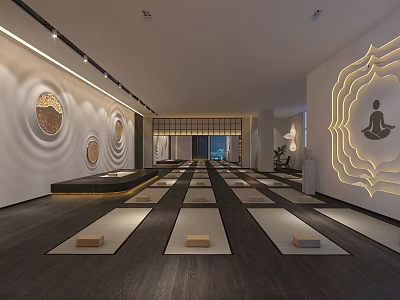 Spacious Yoga Fitness Studio With Aligned Mats And Wall Pose Designs 3d model