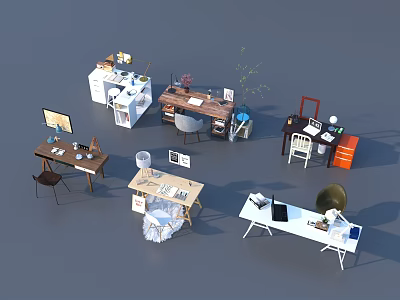Diverse Modern Office Desks With Computers Chairs Lamps Plants And Storage 3d model
