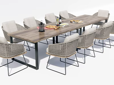 Outdoor Wooden Dining Table with Gray Wicker Chairs Pizza Drinks and Lantern on Top 3d model