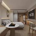 Modern Hotel Room Interior With Comfortable Bed TV Table And Wall Paintings