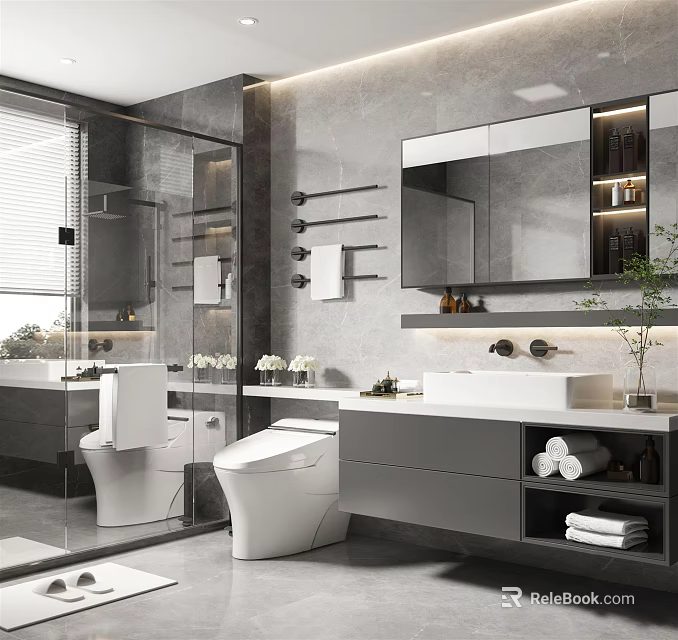 Modern Bathroom Interior Design With Large Mirror Double Vanity Wall Mounted Toilet And Shower Area 3d model 