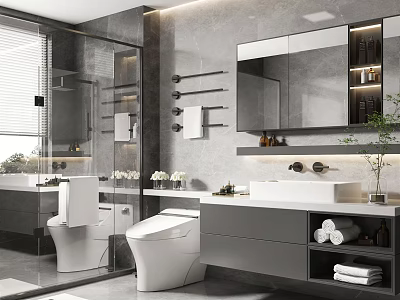 Modern Bathroom Interior Design With Large Mirror Double Vanity Wall Mounted Toilet And Shower Area 3d model