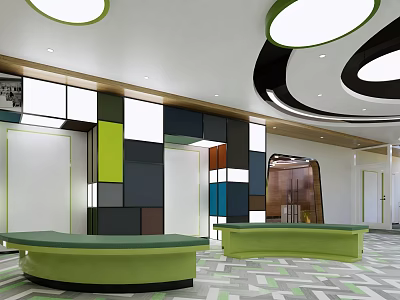 Modern Reception Area With Green Circular Desks Colorful Square Walls Circular Lights And Geometric Flooring 3d model
