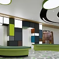 Modern Reception Area With Green Circular Desks Colorful Square Walls Circular Lights And Geometric Flooring
