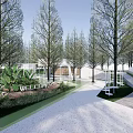 Modern Park Landscape With Tall Trees Green Grass White Structures And Wide Pathway