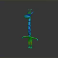 Cute Blue Spotted Giraffe Game Movie Character With Long Neck Green Shirt And Orange Pants