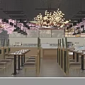 Hotpot Restaurant With Pink Cherry Blossom Decor Hanging Lanterns Display Cabinets And Brick Walls
