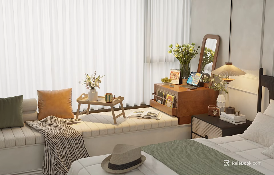 Cozy Indoor Decorative Ornament Combination With Sofa Pillow Blanket Flowers Mirror And Books 3d model 