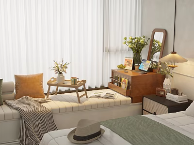 Cozy Indoor Decorative Ornament Combination With Sofa Pillow Blanket Flowers Mirror And Books 3d model