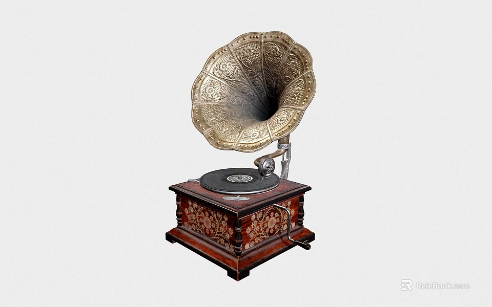 Vintage Gramophone with Ornate Horn and Wooden Base as Classic Entertainment Appliance 3d model 