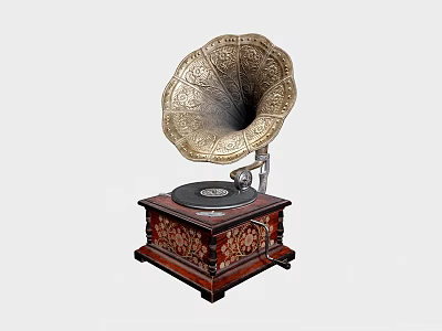 Vintage Gramophone with Ornate Horn and Wooden Base as Classic Entertainment Appliance 3d model