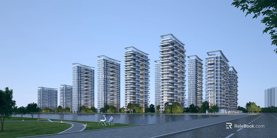 Modern High Rise Residential Buildings With Waterfront Greenery And Landscaped Areas 3d model 