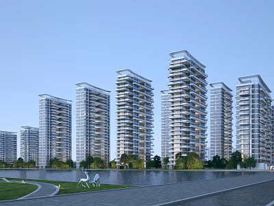 Modern High Rise Residential Buildings With Waterfront Greenery And Landscaped Areas 3d model