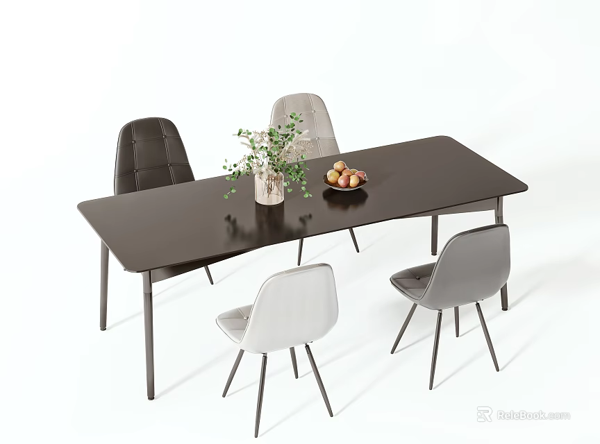 Modern Dining Table Set with Rectangular Black Top Four Mixed Color Chairs and Fruit Vase 3d model