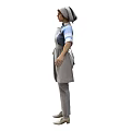 Woman in Blue and White Uniform With Apron Standing with Arms Outstretched