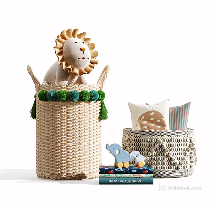 Stuffed Lion Doll In Woven Basket With Green Pom Pom Decor And Small Toys 3d model 