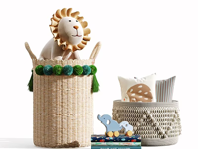Stuffed Lion Doll In Woven Basket With Green Pom Pom Decor And Small Toys 3d model