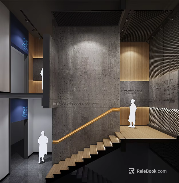 Modern Interior Space With Concrete Walls Wooden Stairs And Silhouette Figures 3d model 