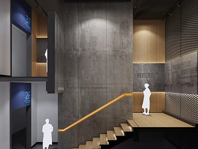 Modern Interior Space With Concrete Walls Wooden Stairs And Silhouette Figures 3d model