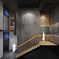 Modern Interior Space With Concrete Walls Wooden Stairs And Silhouette Figures