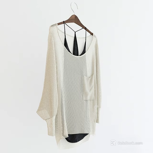 Beige Loose Fit Knit Sweater With Batwing Sleeves And Front Pocket Over Black Camisole 3d model 