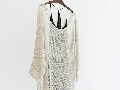Beige Loose Fit Knit Sweater With Batwing Sleeves And Front Pocket Over Black Camisole 3d model