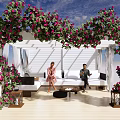 Relaxing White Pergola With Pink Flowers Outdoor Sofa And Wooden Floor