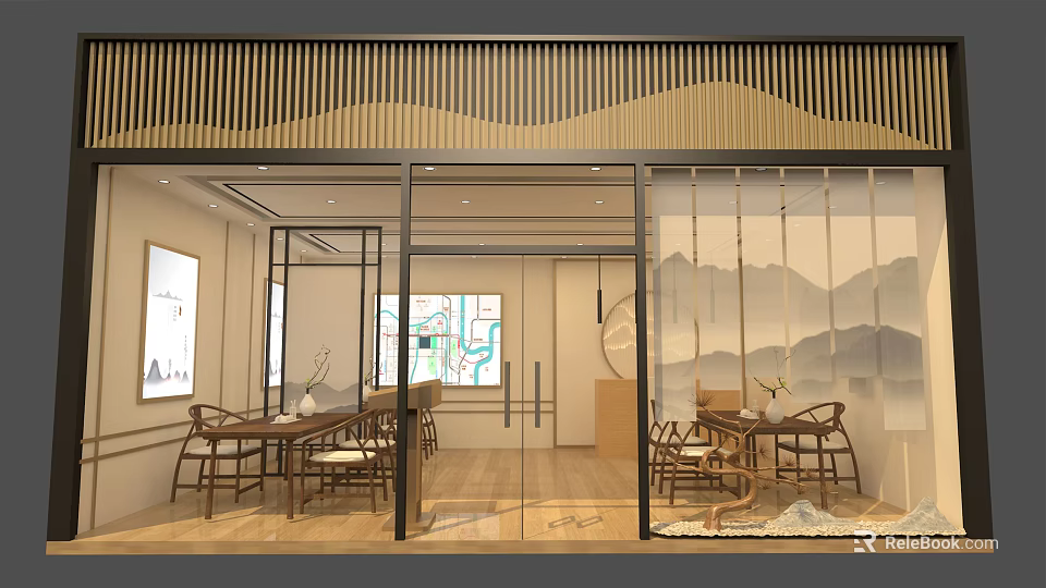 Japanese Style Tea House Interior With Wooden Lattice Ceiling And Mountain Landscape Screen 3d model 