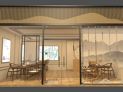 Japanese Style Tea House Interior With Wooden Lattice Ceiling And Mountain Landscape Screen 3d model
