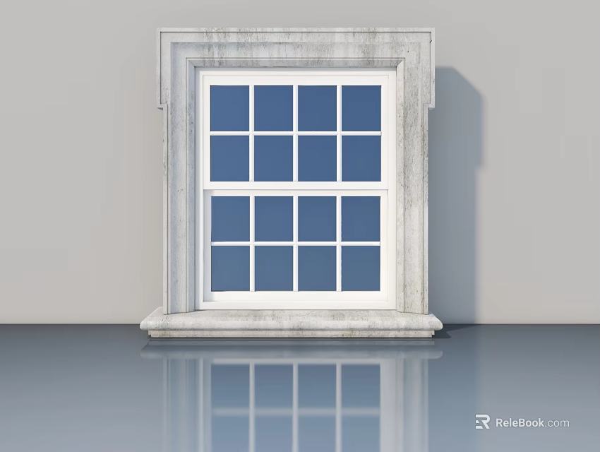 Minimalist White Window With Grid Panes And Concrete Frame Design 3d model 