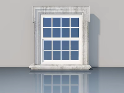 Minimalist White Window With Grid Panes And Concrete Frame Design 3d model