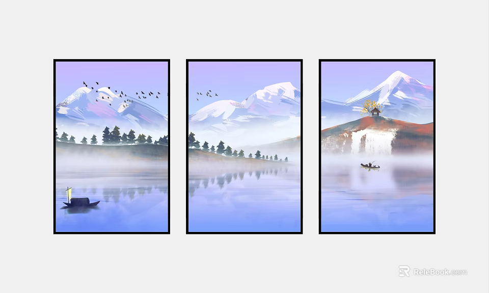 Scenic Misty Mountain Landscape Painting with Lake Reflections Flying Birds Green Trees and Small Boat 3d model 