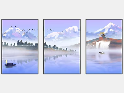 Scenic Misty Mountain Landscape Painting with Lake Reflections Flying Birds Green Trees and Small Boat 3d model