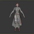 Fantasy Female Character in Silver Red Armor with Long Hair Standing on Gray Background