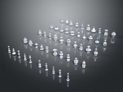 Small Silver Sculptures With Various Shapes On Black Reflective Background 3d model