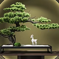 Artistic Bonsai Pine Tree with White Deer Figurine on Black Shelf and Circular Glowing Background