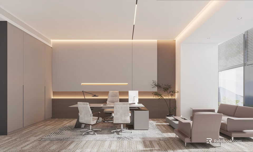 Modern Office Interior With Desk Chairs Computer Sofa And Plant Lighting 3d model 
