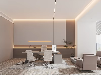 Modern Office Interior With Desk Chairs Computer Sofa And Plant Lighting 3d model