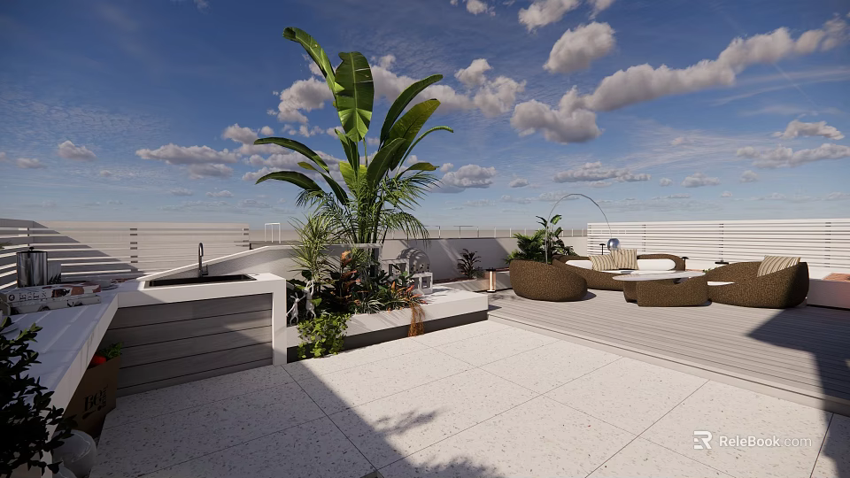 Rooftop Garden Space With Large Green Plants Outdoor Seating White Flooring And Cloudy Blue Sky 3d model 