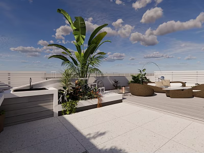 Rooftop Garden Space With Large Green Plants Outdoor Seating White Flooring And Cloudy Blue Sky 3d model