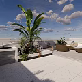 Rooftop Garden Space With Large Green Plants Outdoor Seating White Flooring And Cloudy Blue Sky
