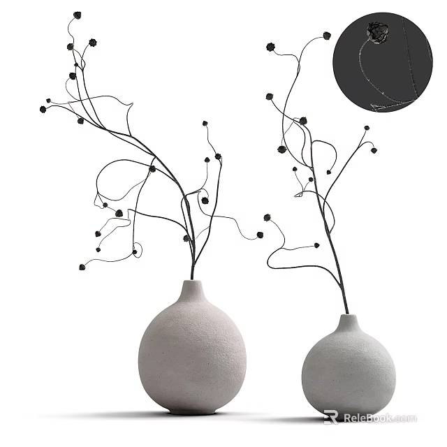Minimalist White Vase With Black Curved Branches And Small Decorative Accents 3d model 