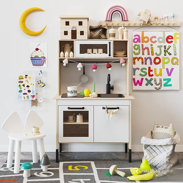Kids Play Kitchen Setup With Alphabet Poster Decorative Moon And Mini Stools 3d model