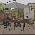 Outdoor Table With White Umbrella Bamboo Fence Metal Chairs Japanese Calligraphy Scrolls And Plants
