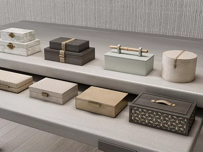 Elegant Perfume And Cosmetics Storage Boxes With Various Materials Colors And Designs On Shelf 3d model