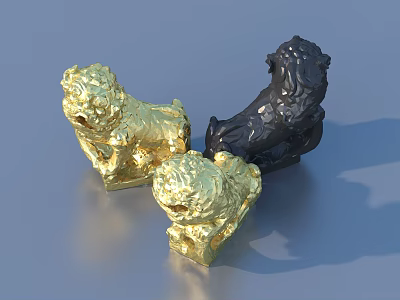 Artistic Golden and Black Lion Sculpture Carvings with Glossy Surface and Intricate Details 3d model